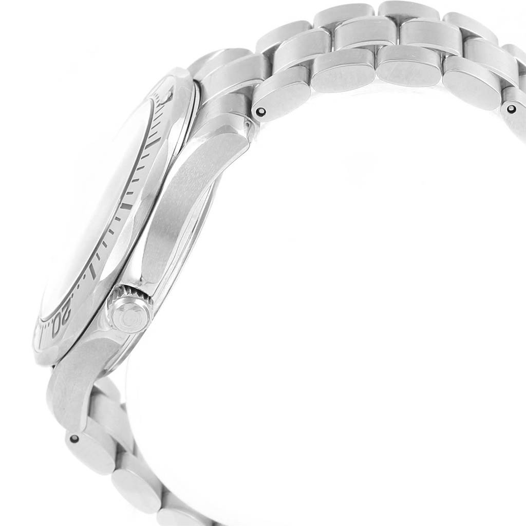 This image shows a side profile of the Omega Seamaster 2255.80.00 Men
s Stainless Steel Blue Dial 2255.80.00 Men
s Stainless Steel Blue Dial watch, highlighting the crown and stainless steel bracelet.