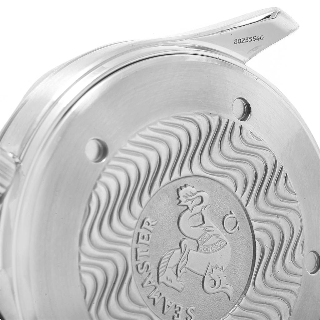 The image shows the engraved case back of an Omega Seamaster 2255.80.00 Men
s Stainless Steel Blue Dial 2255.80.00 Men
s Stainless Steel Blue Dial watch, viewed from an angle.