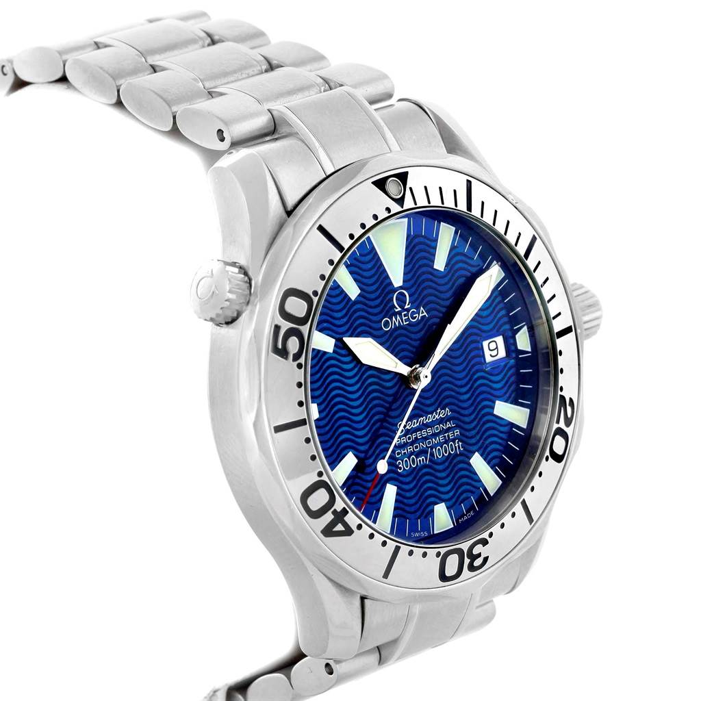 The image shows a side view of the Omega Seamaster 2255.80.00 Men
s Stainless Steel Blue Dial 2255.80.00 Men
s Stainless Steel Blue Dial watch, highlighting the dial, bezel, crown, and part of the bracelet.