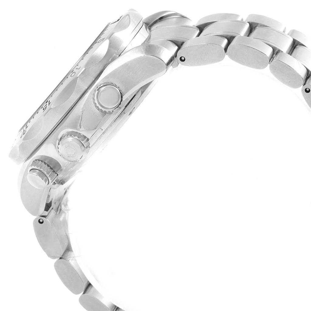 The image shows a side view of the Omega Seamaster 2595.30.00 Men
s Stainless Steel Silver Dial 2595.30.00 Men
s Stainless Steel Silver Dial watch, highlighting the crown, pushers, and bracelet.