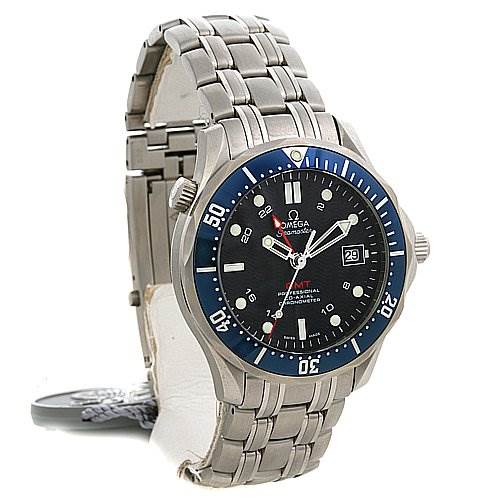 The image shows a front and slightly angled view of an Omega Seamaster 25358000 OR 2535.   80.   00 Men's Stainless Steel Blue Dial 25358000 OR 2535.   80.   00 Men's Stainless Steel Blue Dial watch, featuring its bracelet, bezel, and date window.