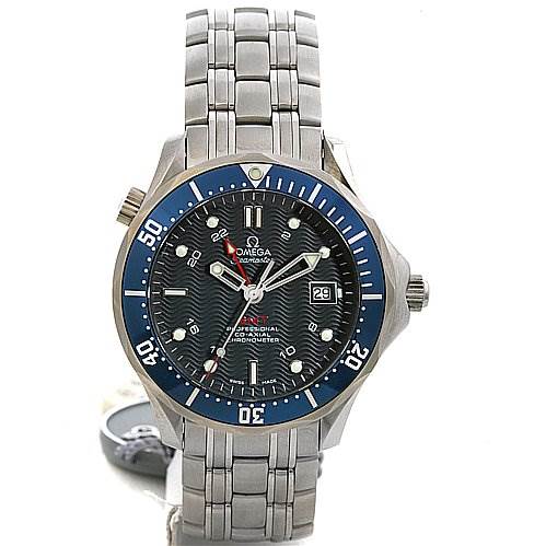 The image shows a front view of an Omega Seamaster 25358000 OR 2535.   80.   00 Men's Stainless Steel Blue Dial 25358000 OR 2535.   80.   00 Men's Stainless Steel Blue Dial watch, including its blue bezel, dial, bracelet, and date window.