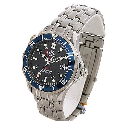 The Omega Seamaster 25358000 OR 2535.   80.   00 Men's Stainless Steel Blue Dial 25358000 OR 2535.   80.   00 Men's Stainless Steel Blue Dial watch is shown at a slight angle displaying the face, bezel, crown, bracelet, and part of the clasp.