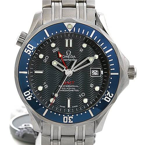 The image shows a frontal view of an Omega Seamaster 25358000 OR 2535.   80.   00 Men's Stainless Steel Blue Dial 25358000 OR 2535.   80.   00 Men's Stainless Steel Blue Dial watch, displaying its dial, bezel, and bracelet.