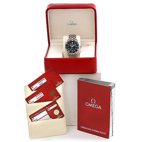 The image displays the Omega Seamaster 25358000 OR 2535.   80.   00 Men's Stainless Steel Blue Dial 25358000 OR 2535.   80.   00 Men's Stainless Steel Blue Dial watch in its box, along with cards and an operating instructions manual.