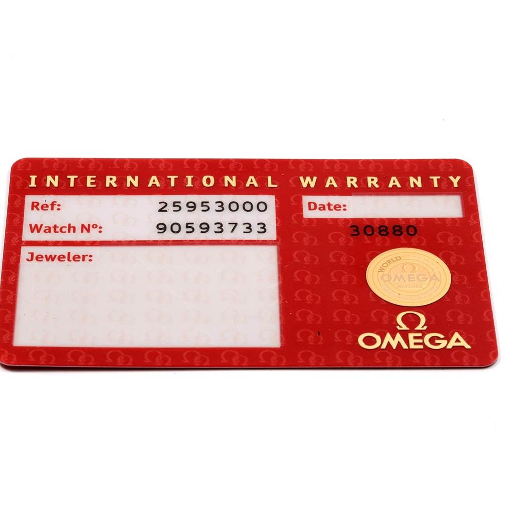This is a flat view of the international warranty card for an Omega Seamaster 2595.30.00 Men
s Stainless Steel Silver Dial 2595.30.00 Men
s Stainless Steel Silver Dial watch.
