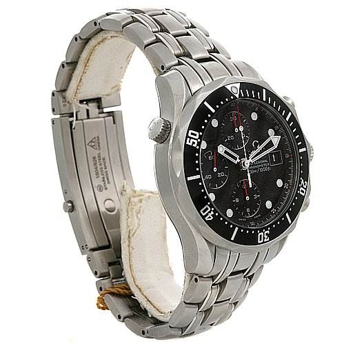 The image shows a side and partial front view of the Omega Seamaster 21330424001001 Men's Stainless Steel Black Dial 21330424001001 Men's Stainless Steel Black Dial watch, highlighting its stainless steel bracelet and black dial.