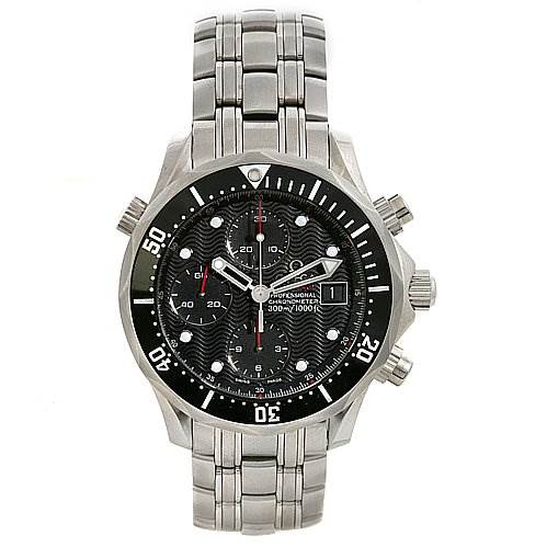 The image shows a front view of an Omega Seamaster 21330424001001 Men's Stainless Steel Black Dial 21330424001001 Men's Stainless Steel Black Dial watch, highlighting the dial, bezel, case, and bracelet.