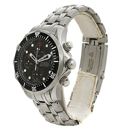 The image shows a side view of an Omega Seamaster 21330424001001 Men's Stainless Steel Black Dial 21330424001001 Men's Stainless Steel Black Dial watch, highlighting its stainless steel bracelet, bezel, crown, and chronograph buttons.