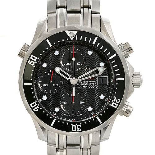 This image shows a front view of the Omega Seamaster 21330424001001 Men's Stainless Steel Black Dial 21330424001001 Men's Stainless Steel Black Dial model watch, highlighting the dial, bezel, and stainless steel band.