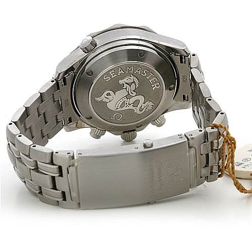 The image shows the back case and bracelet clasp of the Omega Seamaster 21330424001001 Men's Stainless Steel Black Dial 21330424001001 Men's Stainless Steel Black Dial watch.