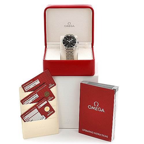 The image shows an Omega Seamaster 21330424001001 Men's Stainless Steel Black Dial 21330424001001 Men's Stainless Steel Black Dial watch in its box, including warranty cards, and an operating instructions booklet.