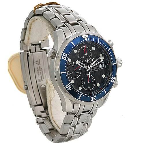 The image shows an Omega Seamaster 22258000 OR 2225.   80.   00 Men's Stainless Steel Blue Dial 22258000 OR 2225.   80.   00 Men's Stainless Steel Blue Dial watch from an angled side view, highlighting its bracelet, bezel, and face.