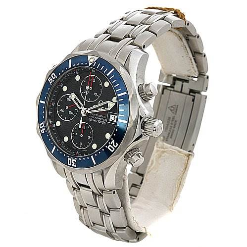 The image shows a side and front angle of an Omega Seamaster 22258000 OR 2225.   80.   00 Men's Stainless Steel Blue Dial 22258000 OR 2225.   80.   00 Men's Stainless Steel Blue Dial watch, showcasing its blue bezel, dials, and stainless steel bracelet.