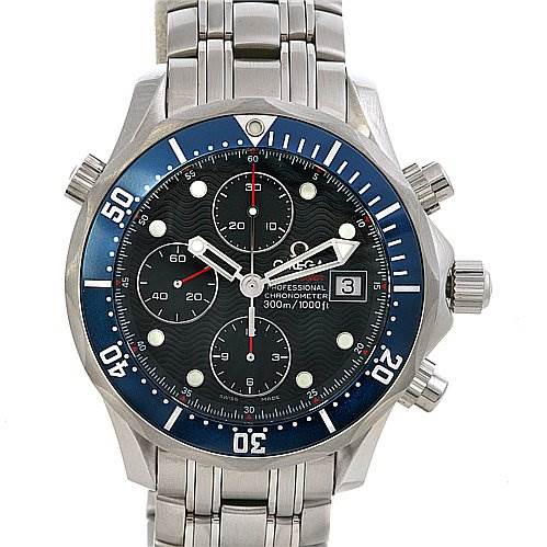 The image shows the front view of an Omega Seamaster 22258000 OR 2225.   80.   00 Men's Stainless Steel Blue Dial 22258000 OR 2225.   80.   00 Men's Stainless Steel Blue Dial watch, highlighting its dial, bezel, crown, pushers, and stainless steel bracelet.