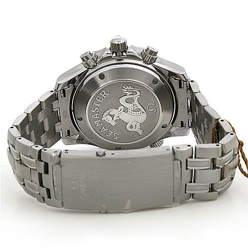 The image shows the back side of an Omega Seamaster 22258000 OR 2225.   80.   00 Men's Stainless Steel Blue Dial 22258000 OR 2225.   80.   00 Men's Stainless Steel Blue Dial watch, highlighting the case back, three crowns, and stainless steel bracelet.