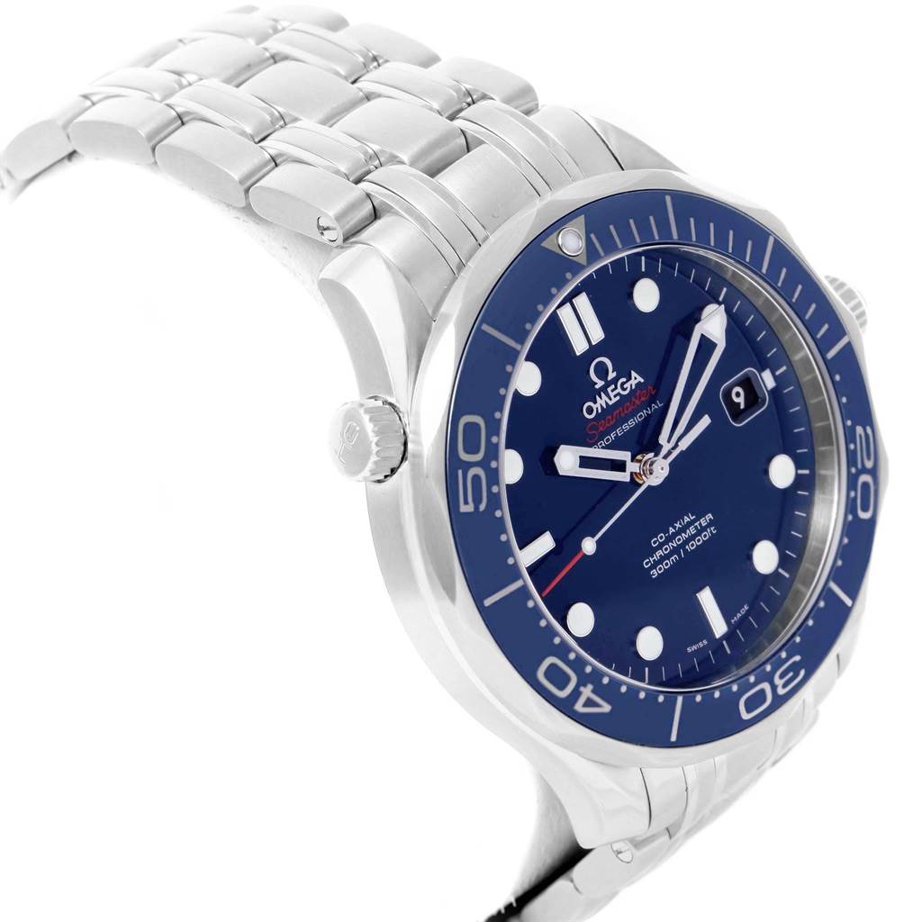 The image shows the Omega Seamaster 212.30.41.20.03.001 Men
s Stainless Steel Blue Dial 212.30.41.20.03.001 Men
s Stainless Steel Blue Dial watch at an angled side view, highlighting its blue dial and metal bracelet.