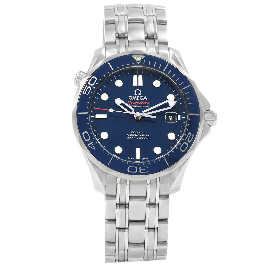 The image shows a front view of an Omega Seamaster 212.30.41.20.03.001 Men
s Stainless Steel Blue Dial 212.30.41.20.03.001 Men
s Stainless Steel Blue Dial watch, displaying its blue dial, date window, and stainless steel bracelet.