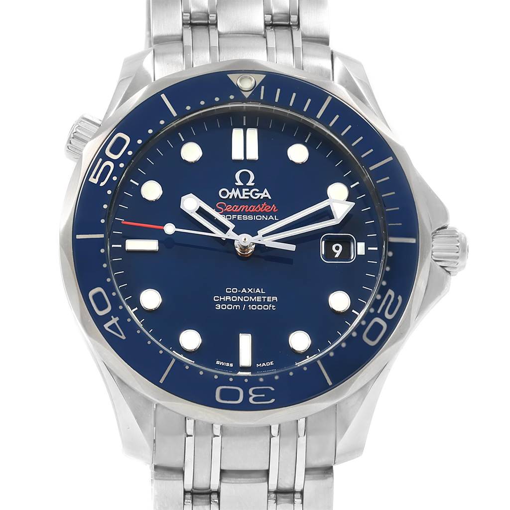The image shows a front view of the Omega Seamaster 212.30.41.20.03.001 Men
s Stainless Steel Blue Dial 212.30.41.20.03.001 Men
s Stainless Steel Blue Dial watch, displaying the dial, bezel, date window, and bracelet.