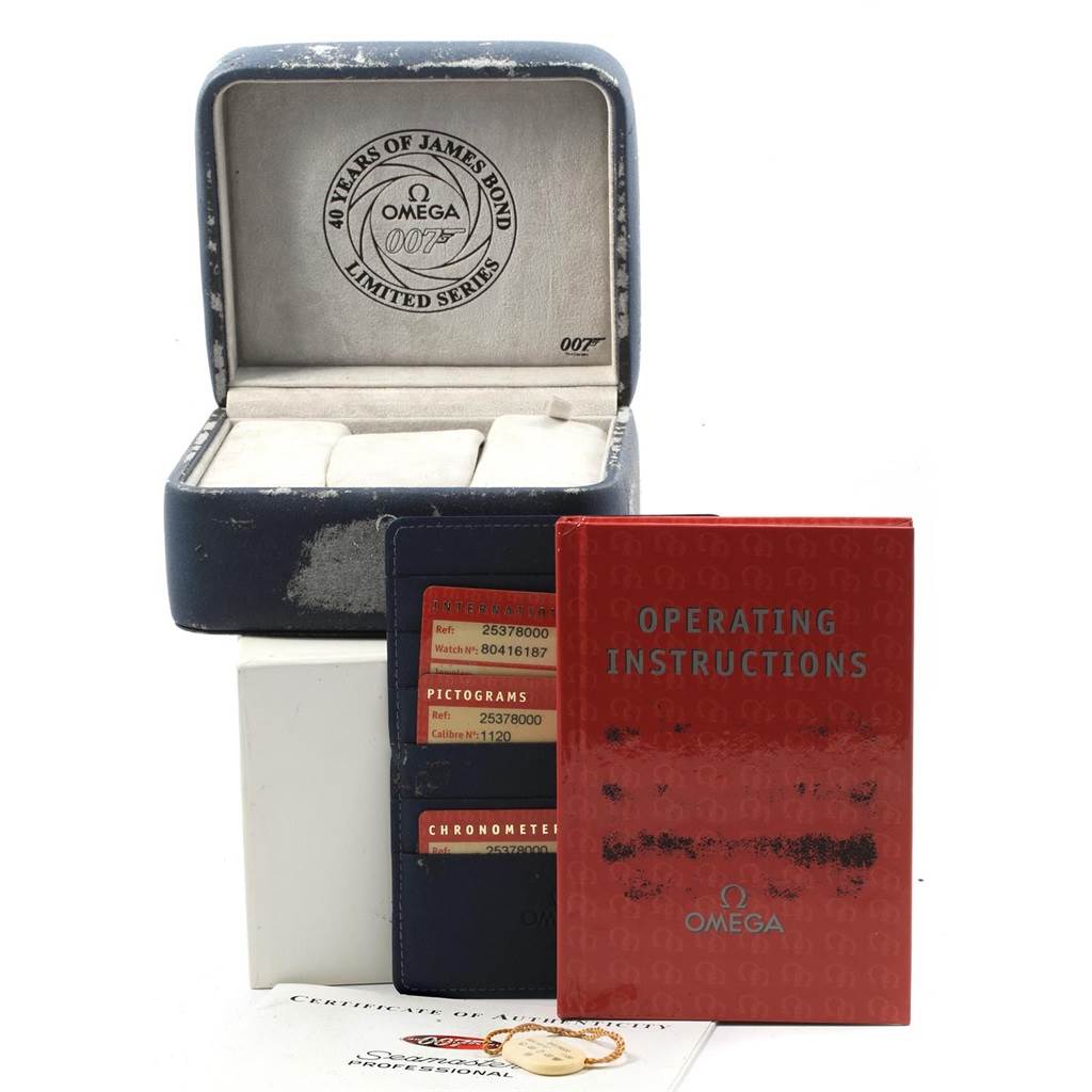 The image shows an Omega Seamaster 2537.80.00 Men
s Stainless Steel Blue Dial 2537.80.00 Men
s Stainless Steel Blue Dial watch box, operating instructions, warranty cards, and a certificate of Best Quality
ity.