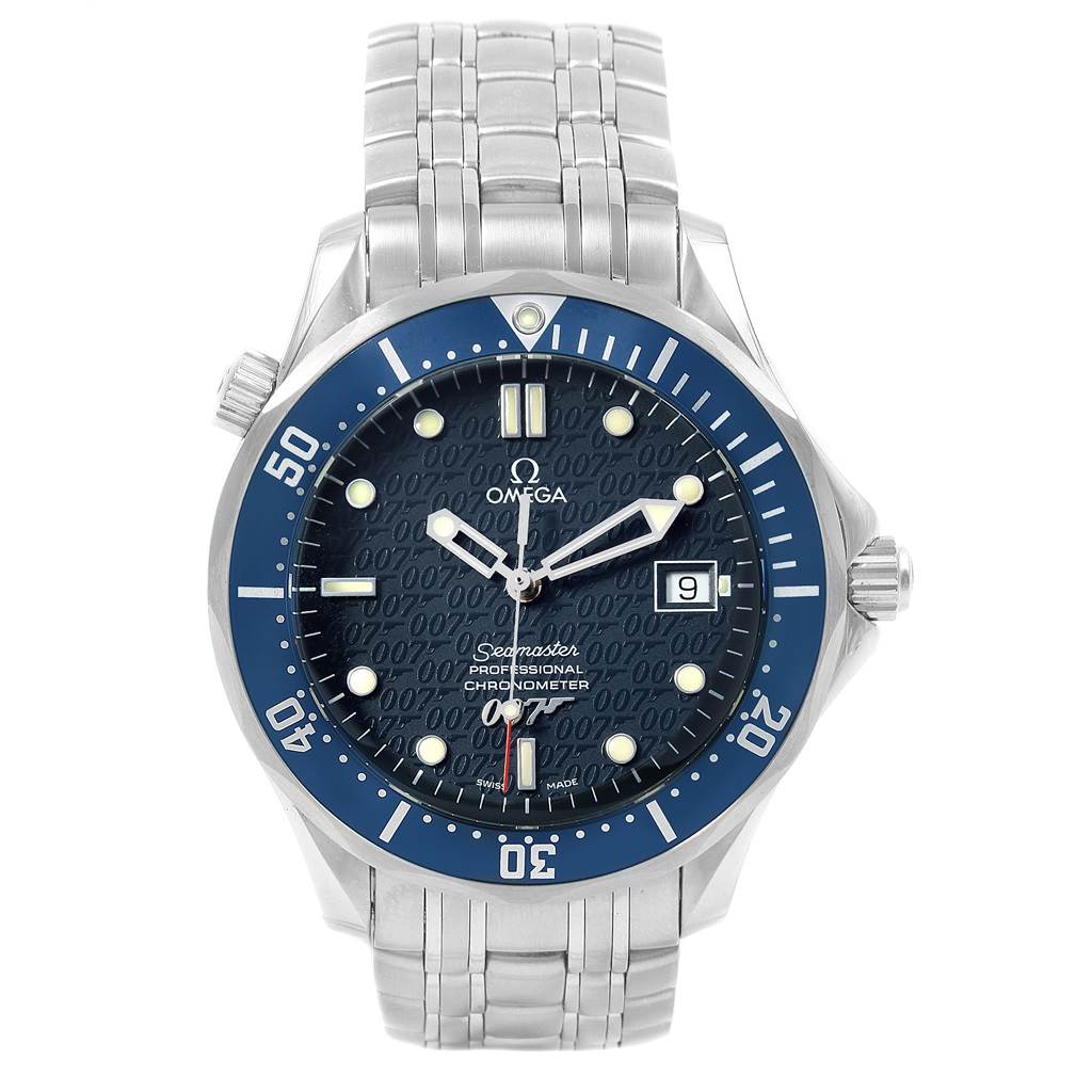 The image shows a front view of the Omega Seamaster 2537.80.00 Men
s Stainless Steel Blue Dial 2537.80.00 Men
s Stainless Steel Blue Dial watch, detailing its face, bezel, and stainless steel bracelet.