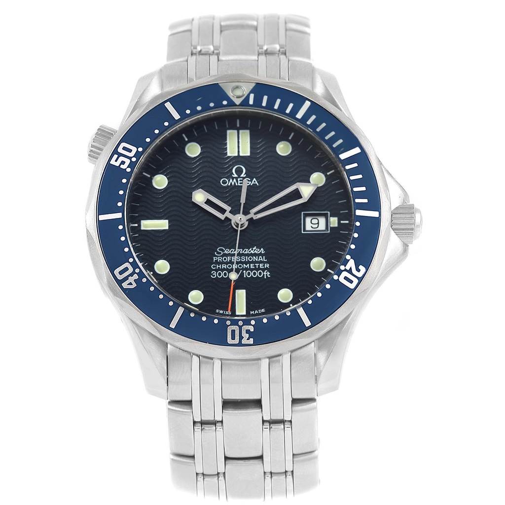 The image shows a front view of an Omega Seamaster 2531.80.00 Men's Stainless Steel Blue Dial 2531.80.00 Men's Stainless Steel Blue Dial watch, displaying its dial, bezel, and stainless steel bracelet.