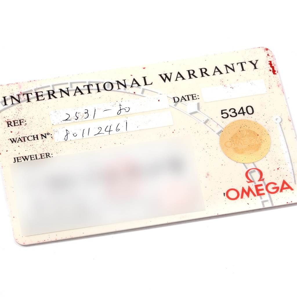The image shows an Omega Seamaster 2531.80.00 Men's Stainless Steel Blue Dial 2531.80.00 Men's Stainless Steel Blue Dial international warranty card with reference and watch numbers.