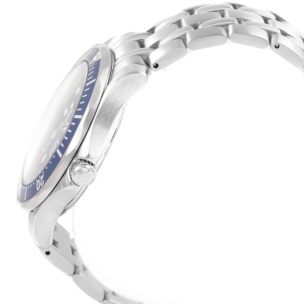 This image shows a side profile of the Omega Seamaster 2531.80.00 Men's Stainless Steel Blue Dial 2531.80.00 Men's Stainless Steel Blue Dial watch, highlighting its bezel, crown, and part of the metal bracelet.