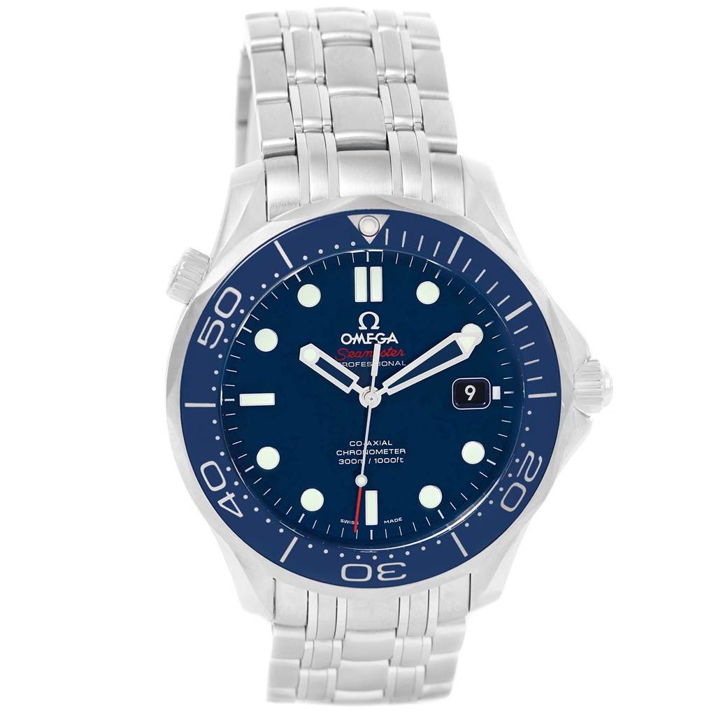The image shows a front-facing view of the Omega Seamaster 212.30.41.20.03.001 Men
s Stainless Steel Blue Dial 212.30.41.20.03.001 Men
s Stainless Steel Blue Dial watch, displaying the dial, bezel, and stainless steel bracelet.