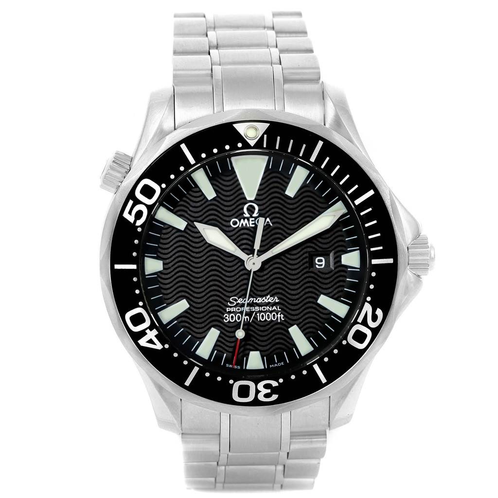 The image shows a front view of the Omega Seamaster 2264.50.00 Men
s Stainless Steel Black Dial 2264.50.00 Men
s Stainless Steel Black Dial watch with its face, bezel, and bracelet visible.