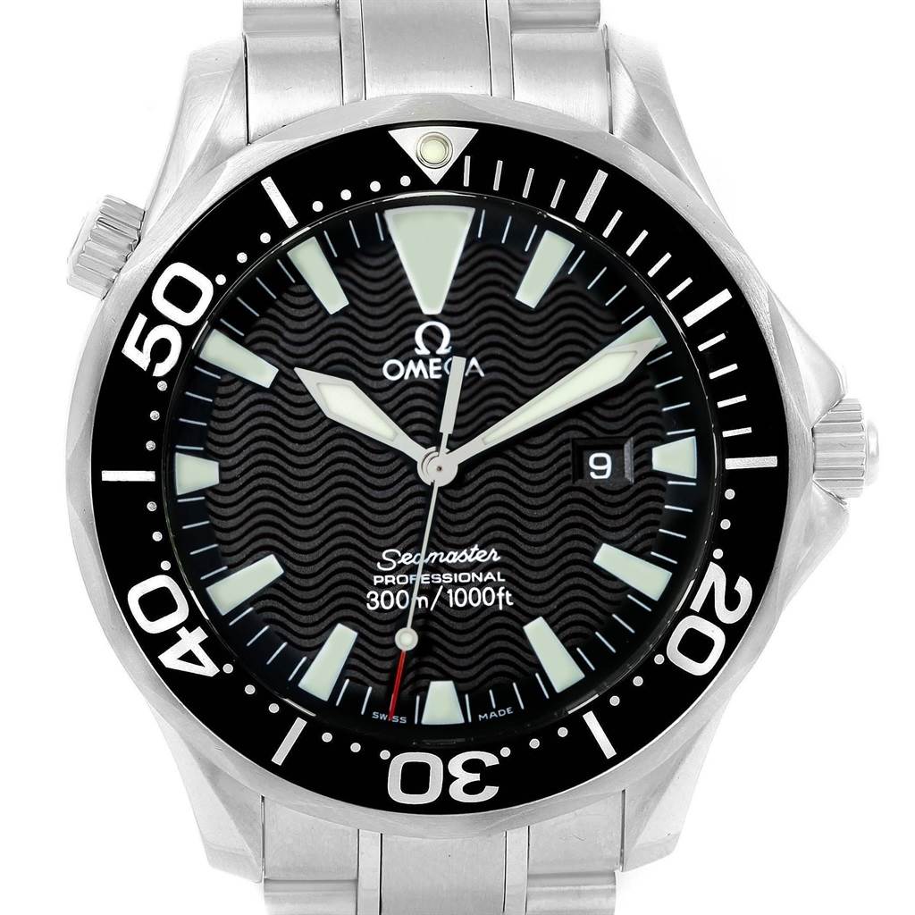 The image shows a front view of an Omega Seamaster 2264.50.00 Men
s Stainless Steel Black Dial 2264.50.00 Men
s Stainless Steel Black Dial watch, highlighting the dial, bezel, and part of the stainless steel bracelet.