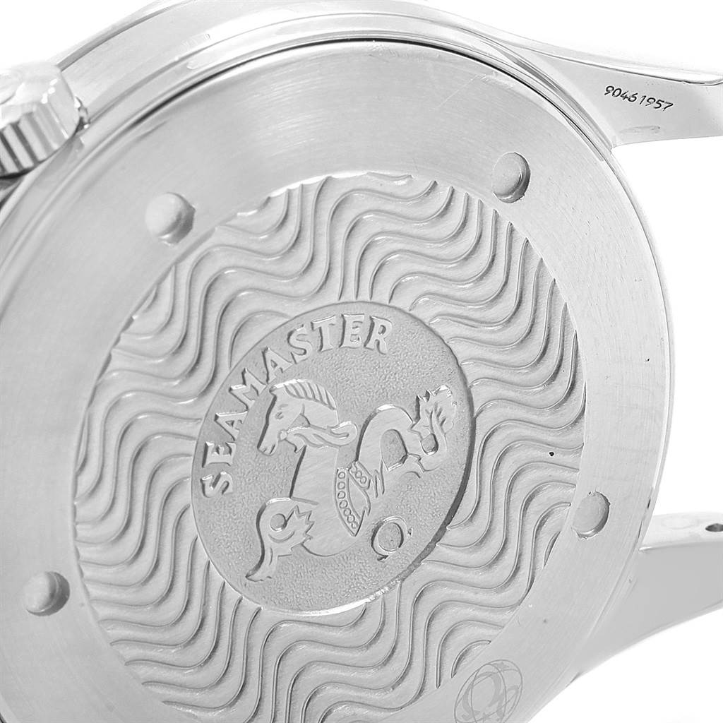 The image shows the back case of an Omega Seamaster 2264.50.00 Men
s Stainless Steel Black Dial 2264.50.00 Men
s Stainless Steel Black Dial watch engraved with "Seamaster" and a seahorse logo.