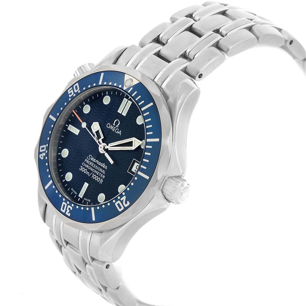 The Omega Seamaster 2551.80.00 Men
s Stainless Steel Blue Dial 2551.80.00 Men
s Stainless Steel Blue Dial is shown at a slight angle, highlighting the blue bezel, dial, crown, and stainless steel bracelet.