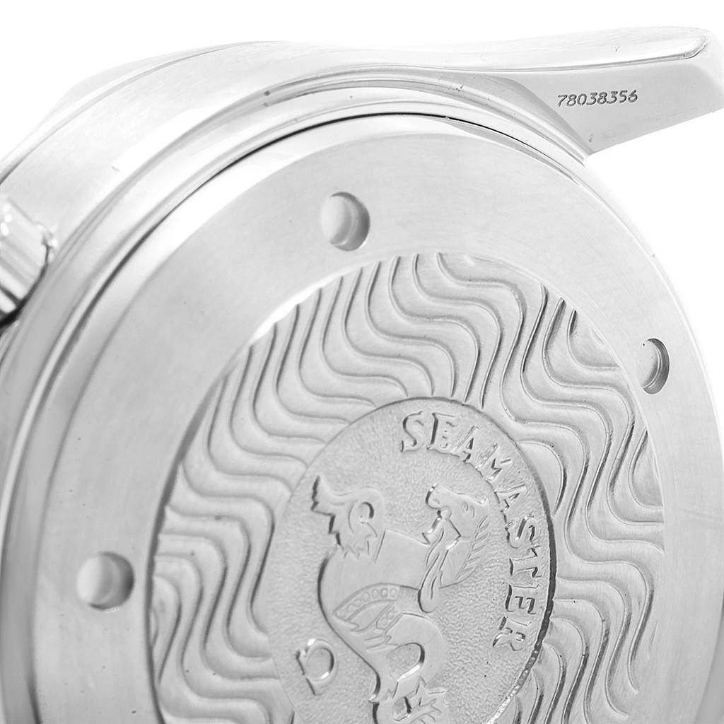 The image shows the close-up of the case back of an Omega Seamaster 2594.50.00 Men
s Stainless Steel Black Dial 2594.50.00 Men
s Stainless Steel Black Dial watch.
