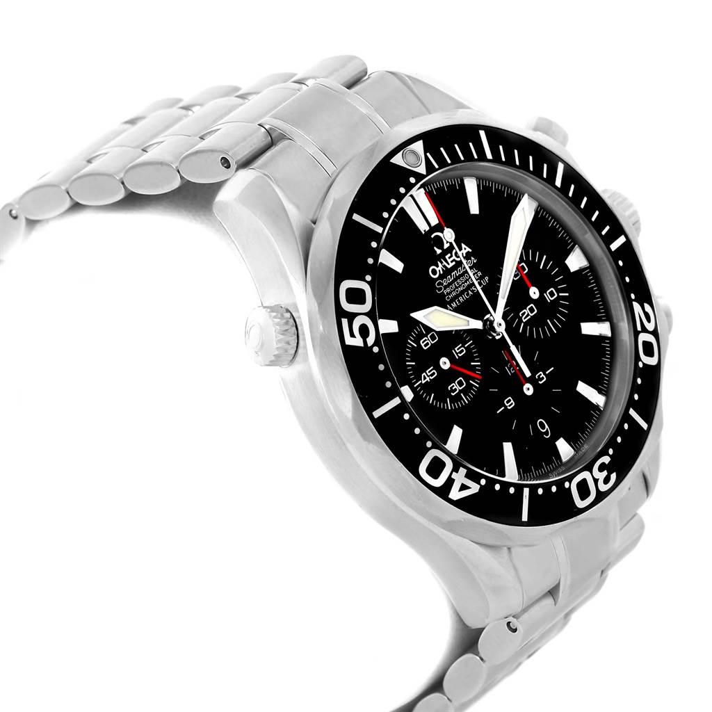 The image shows a side angle of the Omega Seamaster 2594.50.00 Men
s Stainless Steel Black Dial 2594.50.00 Men
s Stainless Steel Black Dial watch, displaying its bezel, dial, case, and part of the bracelet.