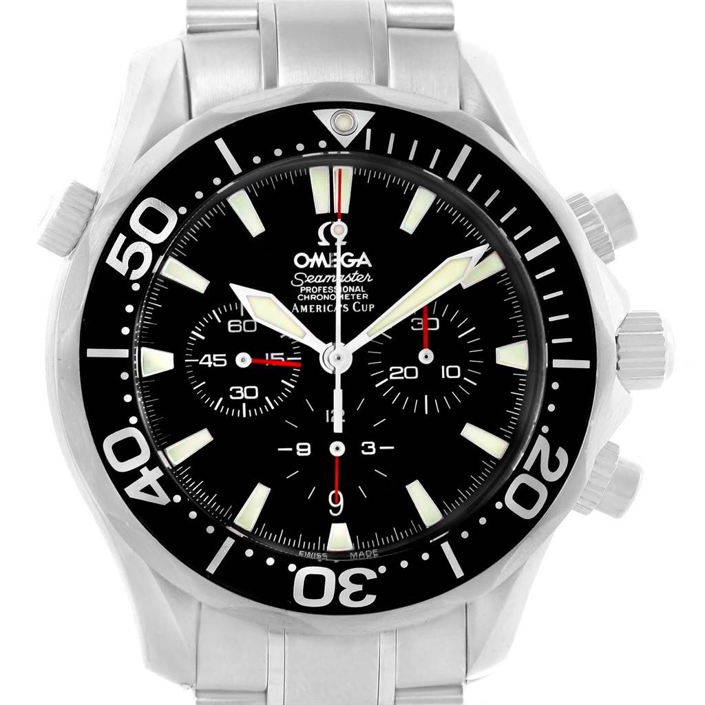 The image shows a front view of an Omega Seamaster 2594.50.00 Men
s Stainless Steel Black Dial 2594.50.00 Men
s Stainless Steel Black Dial watch, highlighting its dial, bezel, and chronograph subdials.