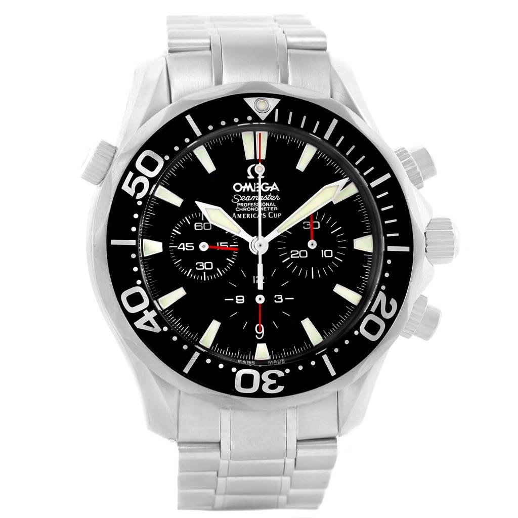 The image shows the front view of the Omega Seamaster 2594.50.00 Men
s Stainless Steel Black Dial 2594.50.00 Men
s Stainless Steel Black Dial watch, highlighting its face, bezel, and stainless steel band.
