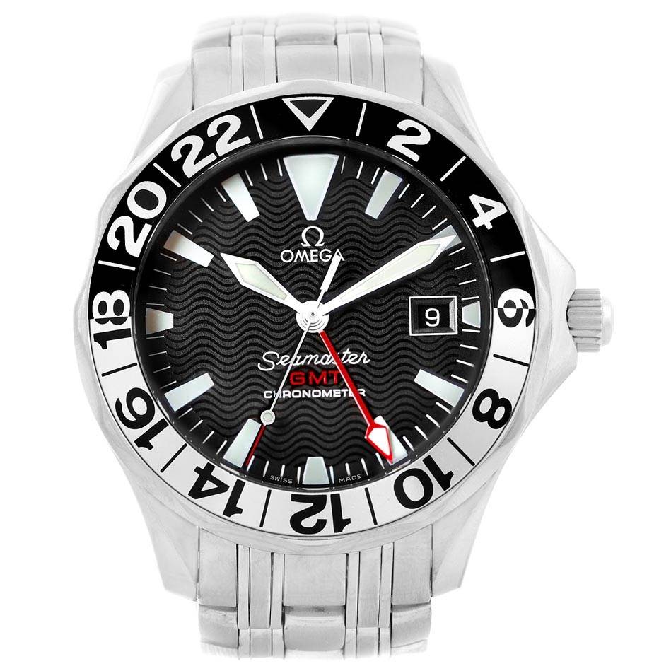 The image shows a front view of an Omega Seamaster 2234.50.00 Men
s Stainless Steel Black Dial 2234.50.00 Men
s Stainless Steel Black Dial GMT Chronometer watch, highlighting its face, bezel, and part of its metal strap.