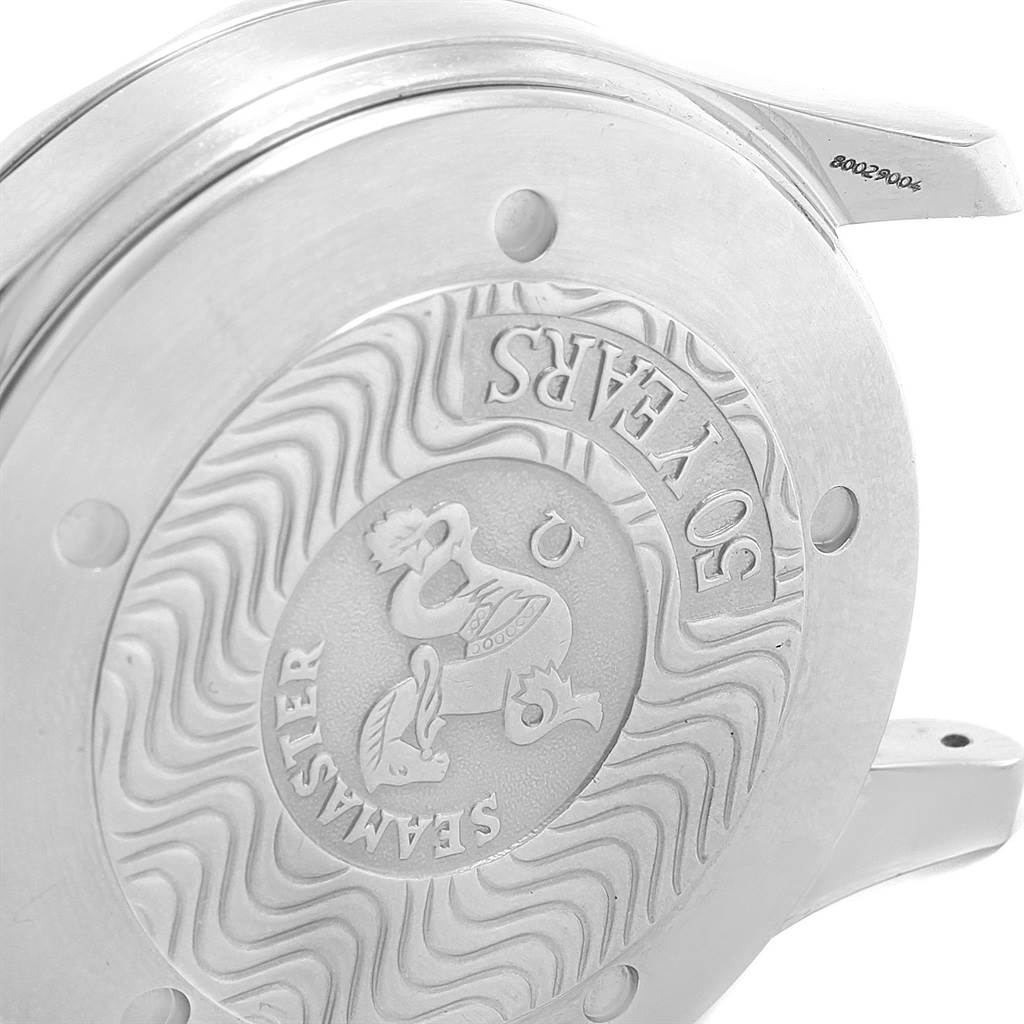 This image shows the engraved case back of an Omega Seamaster 2234.50.00 Men
s Stainless Steel Black Dial 2234.50.00 Men
s Stainless Steel Black Dial watch from an angled side view.