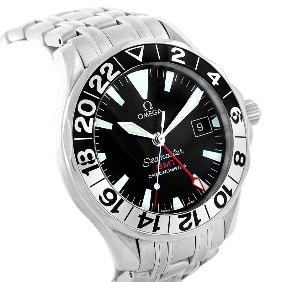 The Omega Seamaster 2234.50.00 Men
s Stainless Steel Black Dial 2234.50.00 Men
s Stainless Steel Black Dial watch is shown from an angled front view, displaying the face, bezel, and part of the stainless steel bracelet.
