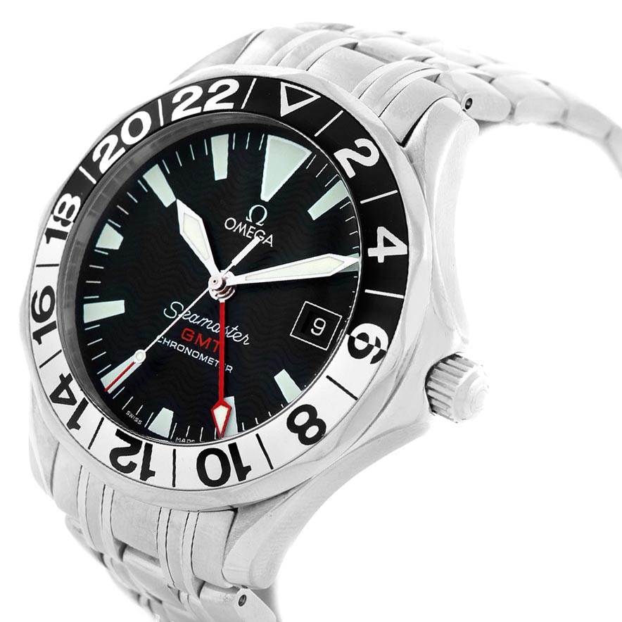 The image shows an Omega Seamaster 2234.50.00 Men
s Stainless Steel Black Dial 2234.50.00 Men
s Stainless Steel Black Dial watch face and part of the stainless steel bracelet from an angled front view.