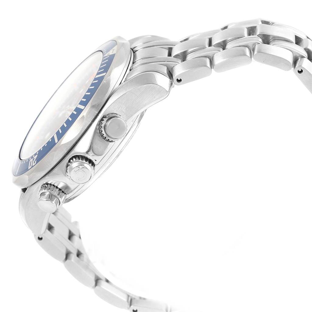The image shows a side view of the Omega Seamaster 2599.80.00 Men
s Stainless Steel Blue Dial 2599.80.00 Men
s Stainless Steel Blue Dial watch, featuring its crown, pushers, and stainless steel bracelet.