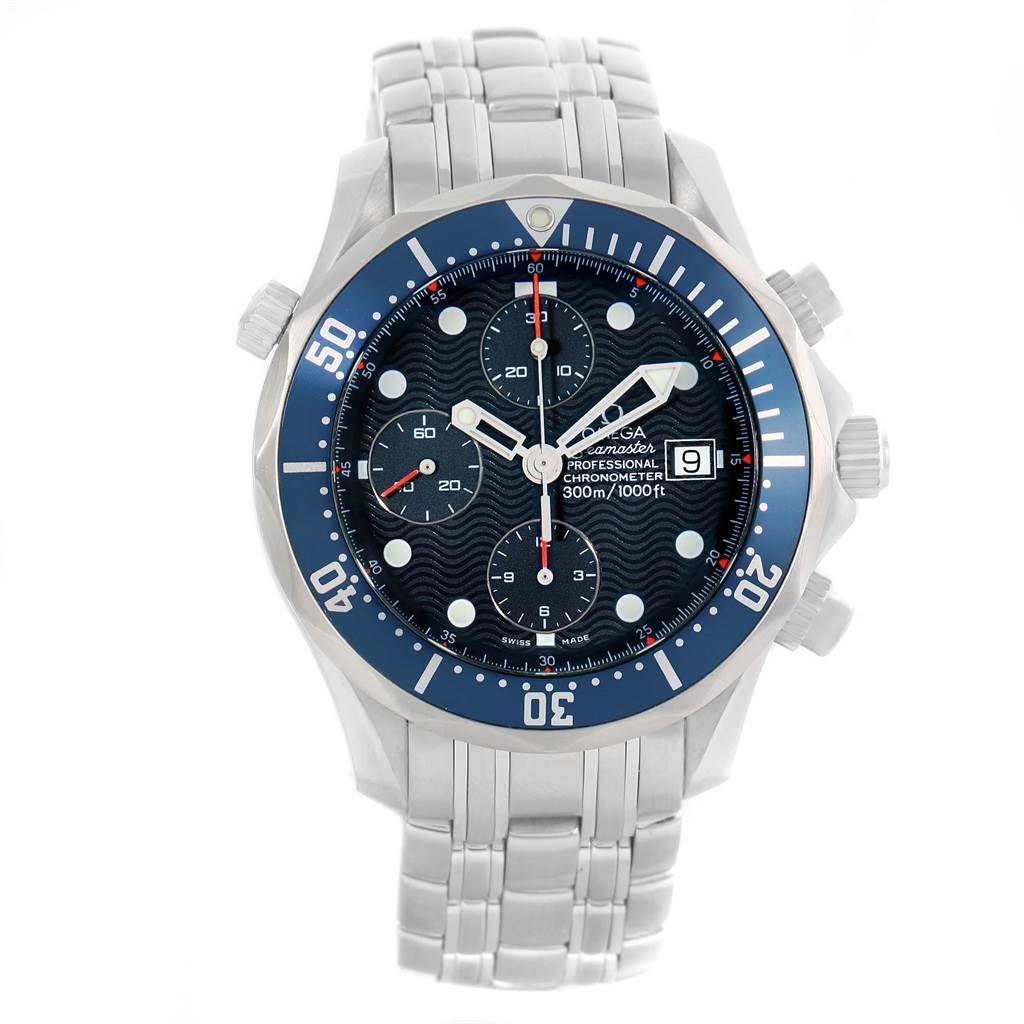 The Omega Seamaster 2599.80.00 Men
s Stainless Steel Blue Dial 2599.80.00 Men
s Stainless Steel Blue Dial watch is shown from the front, highlighting the dial, hands, bezel, and bracelet.