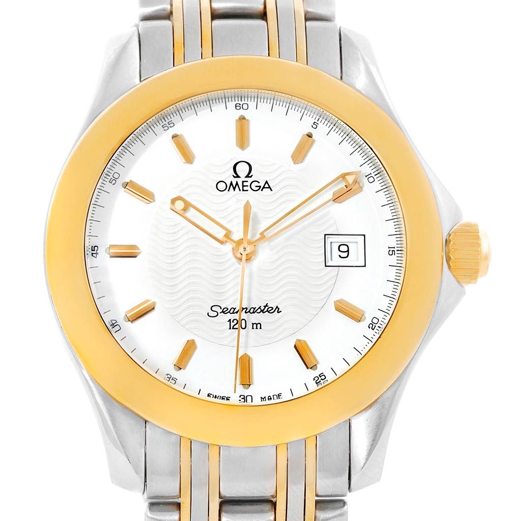The image shows a front view of the Omega Seamaster 2311.21.00 Men's Steel and Gold (two tone) White Dial 2311.21.00 Men's Steel and Gold (two tone) White Dial watch, highlighting the face, bezel, crown, and part of the bracelet.