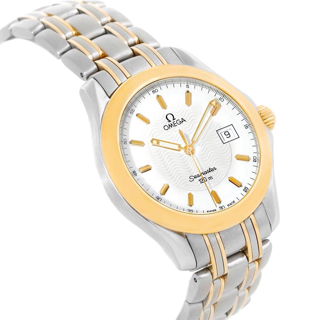 The image shows an Omega Seamaster 2311.21.00 Men's Steel and Gold (two tone) White Dial 2311.21.00 Men's Steel and Gold (two tone) White Dial watch from an angled side view, displaying the dial, bezel, and part of the bracelet.
