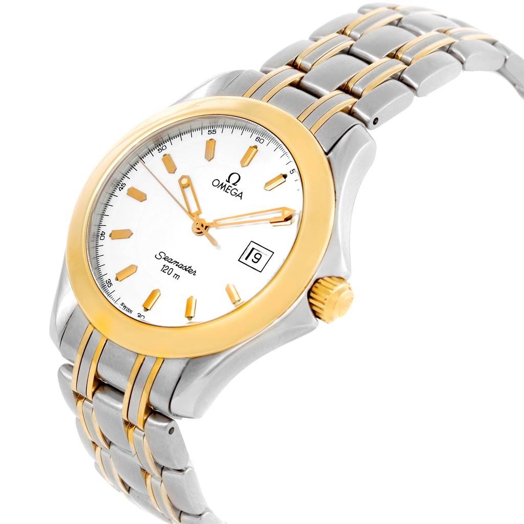 This Omega Seamaster 2311.21.00 Men's Steel and Gold (two tone) White Dial 2311.21.00 Men's Steel and Gold (two tone) White Dial watch is shown from a front angle, displaying its face, bezel, crown, and bracelet.