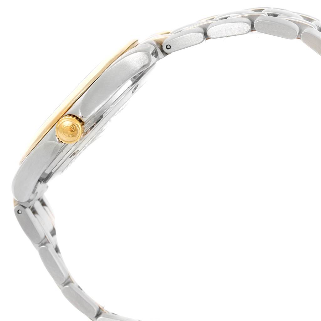 The image shows a side view of an Omega Seamaster 2311.21.00 Men's Steel and Gold (two tone) White Dial 2311.21.00 Men's Steel and Gold (two tone) White Dial watch, focusing on the crown and part of the metal bracelet.