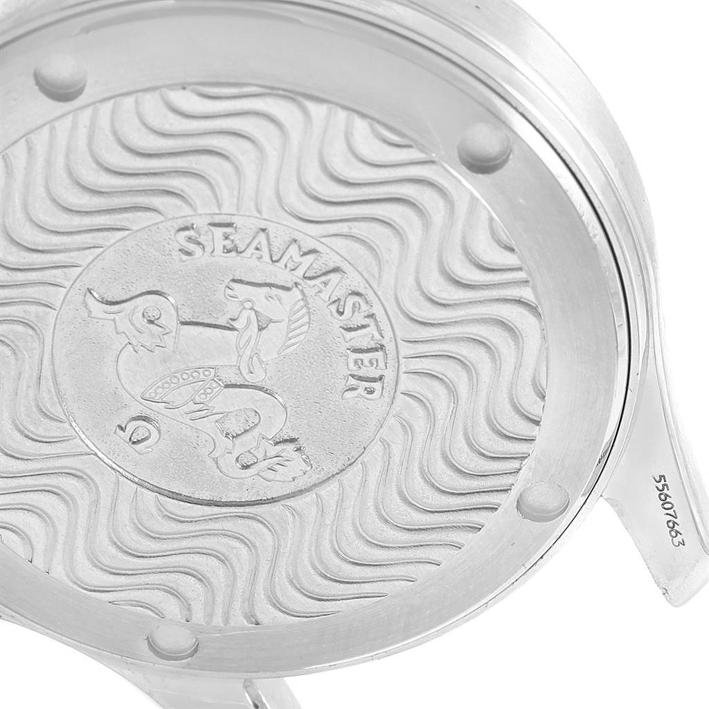 The image shows the back case of an Omega Seamaster 2311.21.00 Men's Steel and Gold (two tone) White Dial 2311.21.00 Men's Steel and Gold (two tone) White Dial watch, featuring the wavy pattern and the Seahorse emblem.