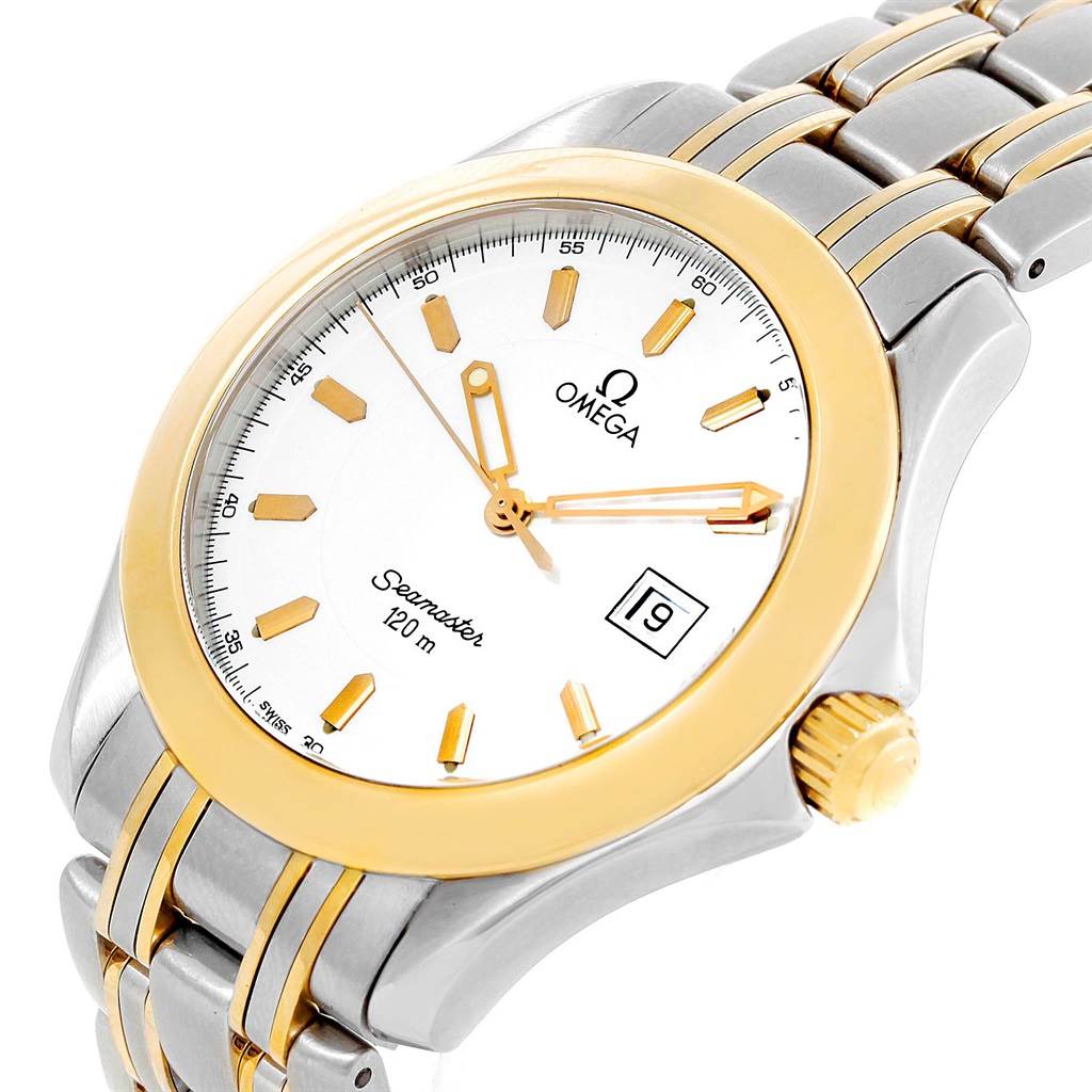 The image shows an angled view of the Omega Seamaster 2311.21.00 Men's Steel and Gold (two tone) White Dial 2311.21.00 Men's Steel and Gold (two tone) White Dial watch, highlighting its face, bezel, crown, and part of the bracelet.