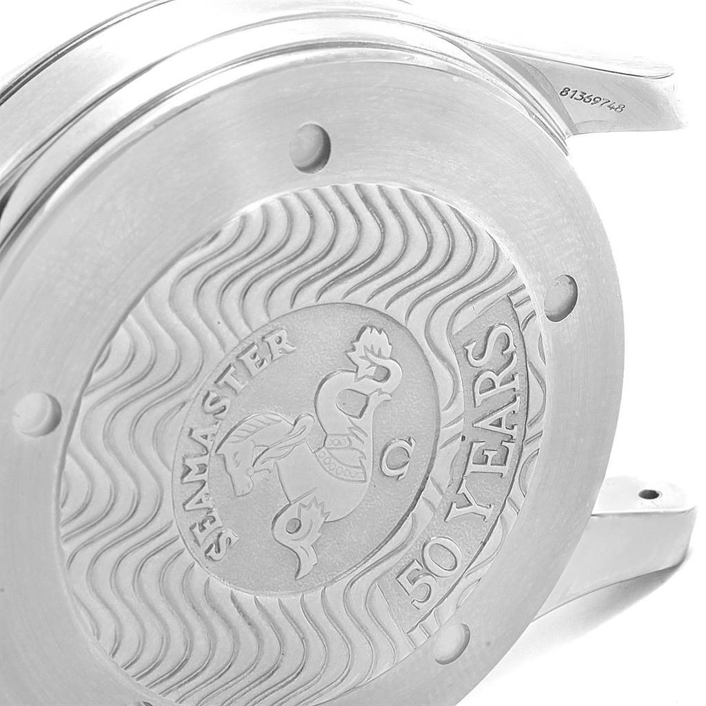 This image shows the engraved case back of an Omega Seamaster 2234.50.00 Men
s Stainless Steel Black Dial 2234.50.00 Men
s Stainless Steel Black Dial watch, commemorating its 50-year anniversary.